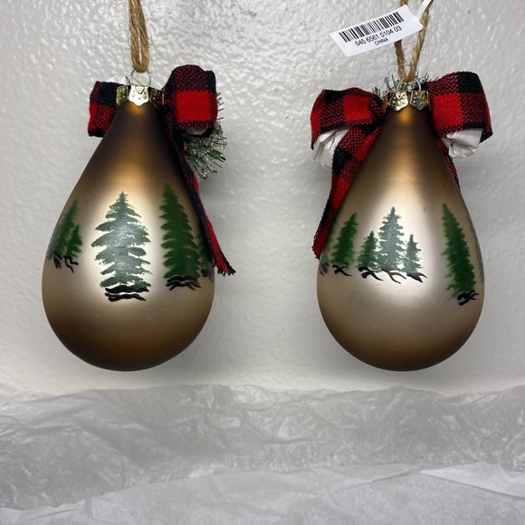 Brown Glass Teardrop Christmas Ornaments W Moose N Trees Design Set of 2 NWT - Picture 3 of 16